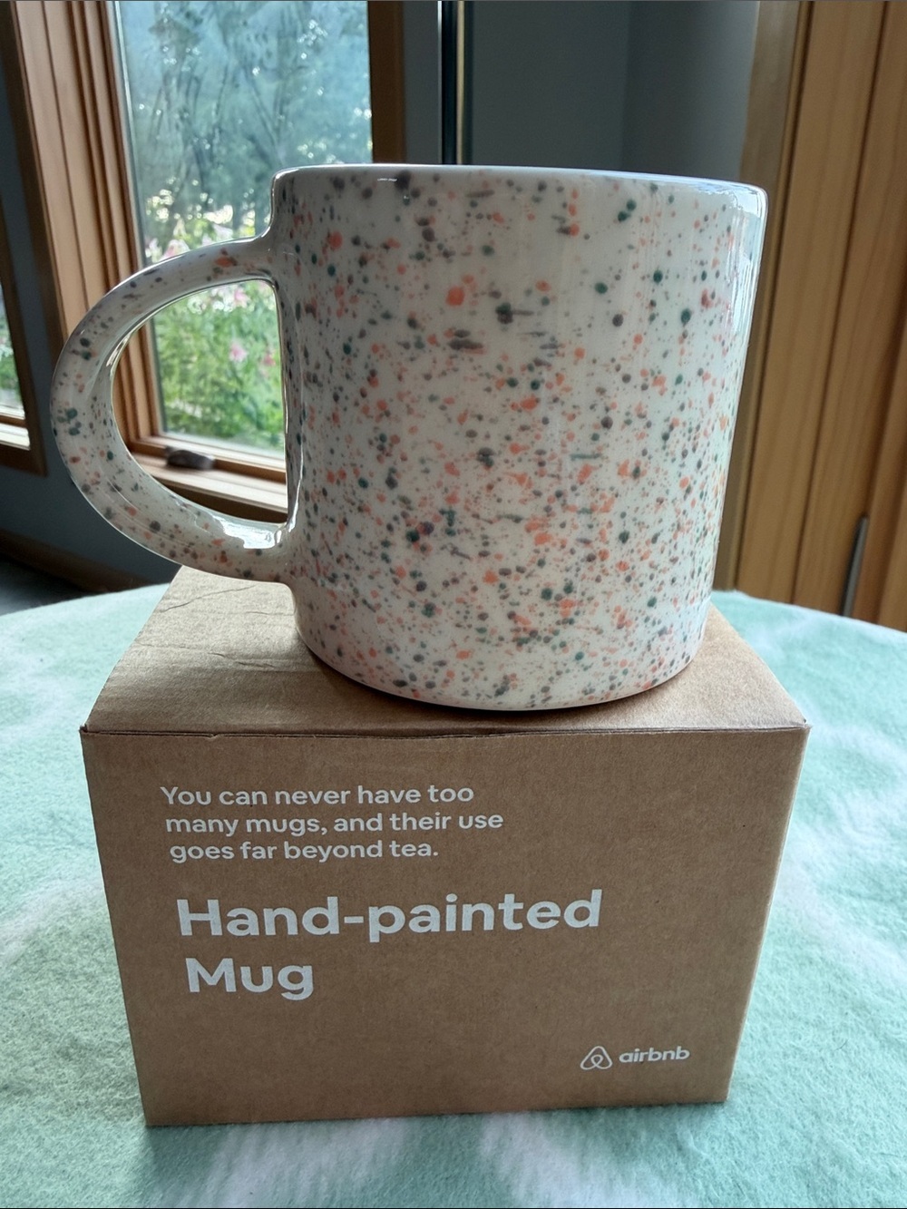 NEW Hand painted Speckled Ceramic Mug in White with Green & Coral Flecks